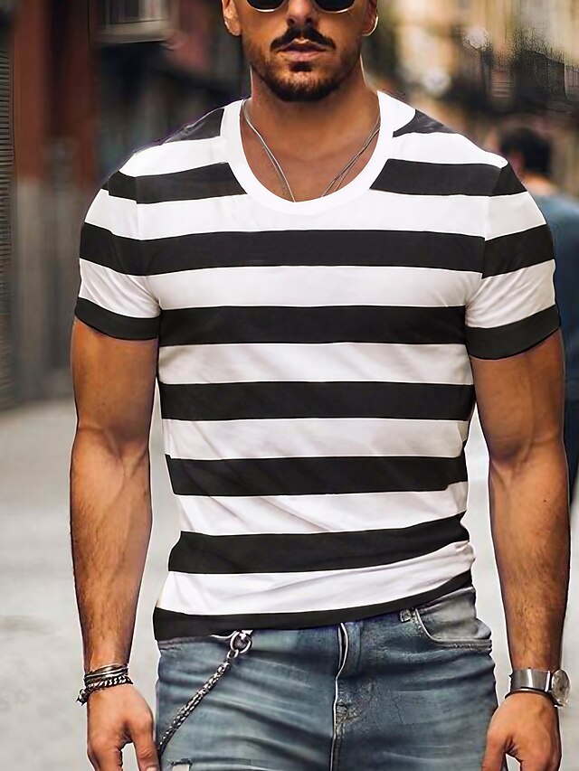  Homme T shirt Tee chemise fraîche Rayé Col V Print Plein Air Casual Manche Courte Vêtement Tenue Mode Classique Noir et blanc Confortable