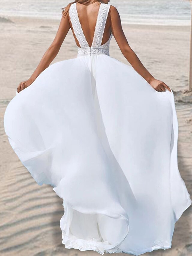 Beach Wedding Gown with Long Sleeves, Open Neckline, No Embellishments, and Natural Waistline