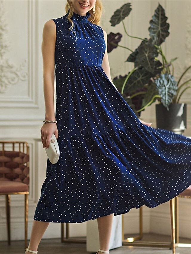 Womens Clothing Womens Dresses | Womens A Line Dress Midi Dress Navy Blue Sleeveless Polka Dot Print Spring Summer Stand Collar 