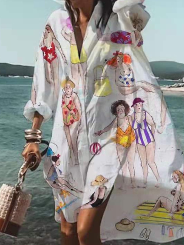  Damen blusenkleid Tier Bedruckt Taste Tasche Hemdkragen Midikleid Brautkleider schlicht Täglich Strand Langarm Sommer Frühling