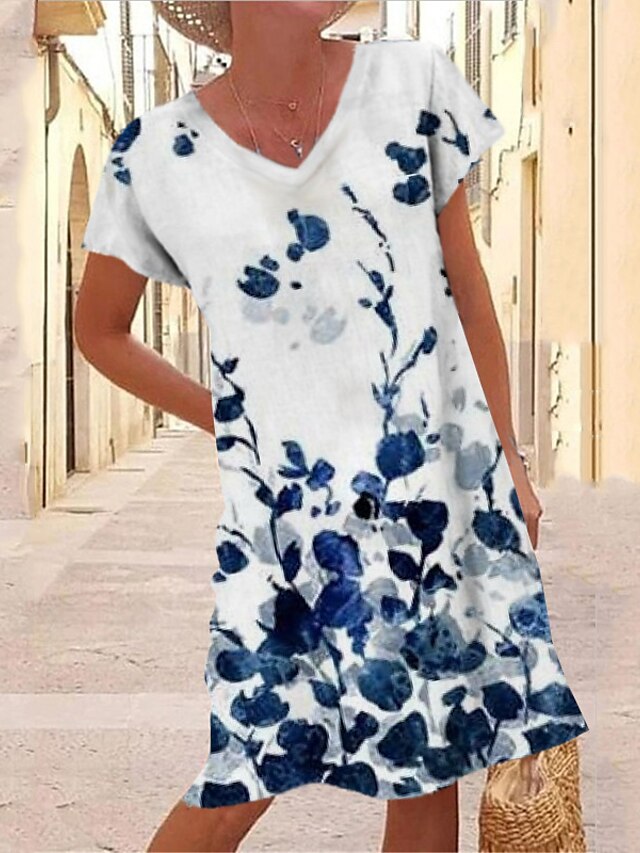 Womens Clothing Womens Dresses | Womens Shift Dress Knee Length Dress White Short Sleeve Floral Print Spring Summer V Neck Casua