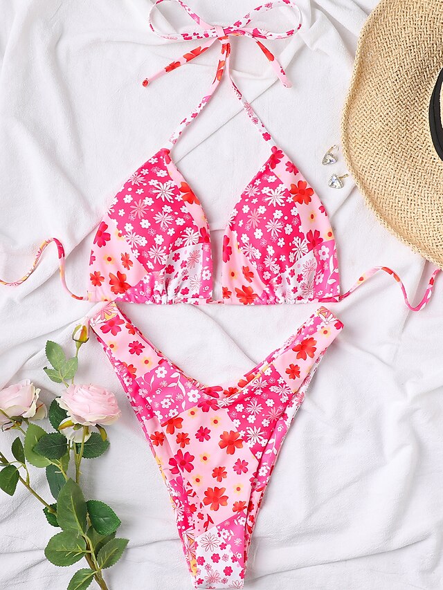 Womens Clothing Womens Swimwear | Womens Swimwear Bikini 2 Piece Normal Swimsuit 2 Piece High Waist Printing Solid Color Floral 