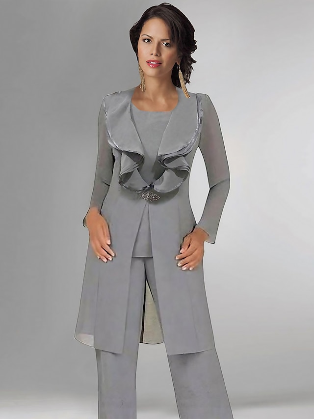  Pantsuit 3 -dels jakkesæt Kjole til brudens mor Formel Bryllupsgæst Elegant Plusstørrelse Scoop hals Gulvlang Chiffon Langærmet Indpakning inkluderet med Knapper Draperet 2024