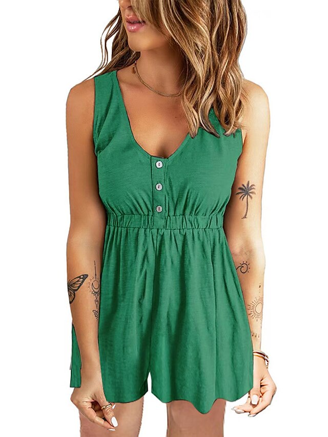 Womens Clothing Womens Jumpsuits & Rompers | Womens Romper Button Solid Color V Neck Casual Holiday Weekend Regular Fit Sleevele