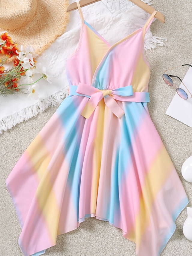 Baby & Kids Girls Clothing | Kids Little Girls Dress Rainbow Patchwork A Line Dress Daily Pink Asymmetrical Sleeveless Beautiful