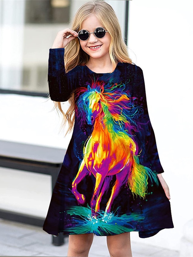 Baby & Kids Girls Clothing | Kids Little Girls Dress Horse Animal A Line Dress Daily Holiday Vacation Print Black Above Knee Lon