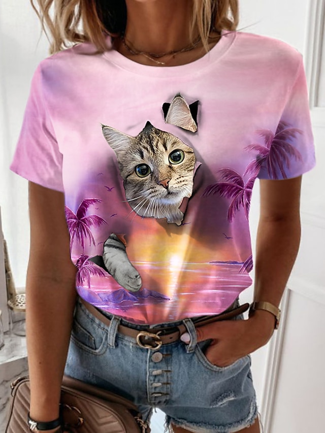  Women's T shirt Tee Pink Print Cat 3D Casual Weekend Short Sleeve Round Neck Basic Regular 3D Cat Painting S