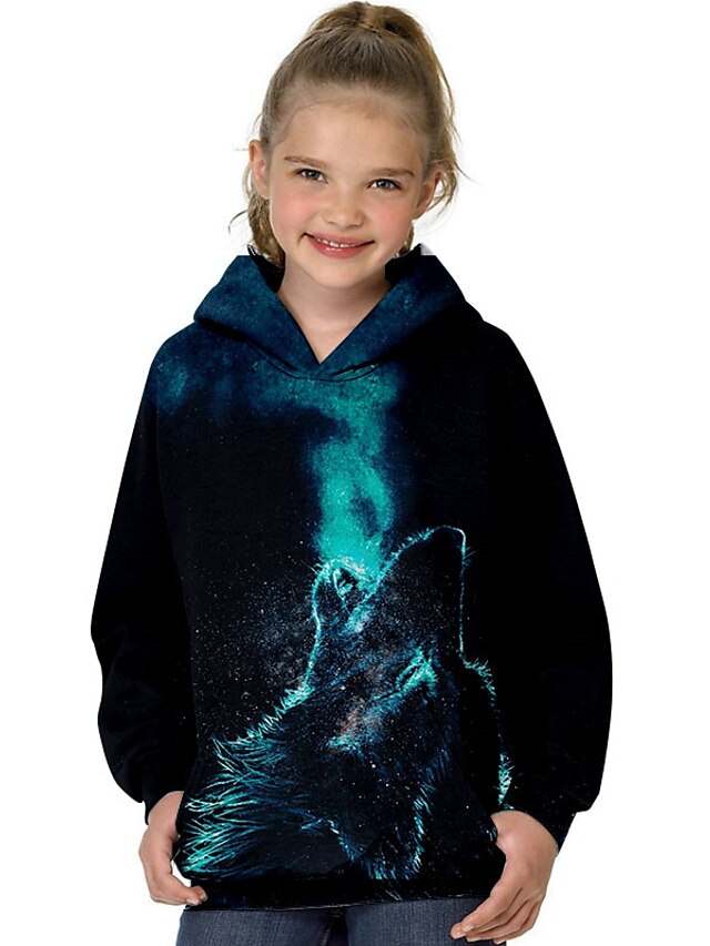 Baby & Kids Girls Clothing | Kids Girls Hoodie Long Sleeve 3D Print Wolf Animal Pocket Blue Children Tops Fall Spring Fashion St