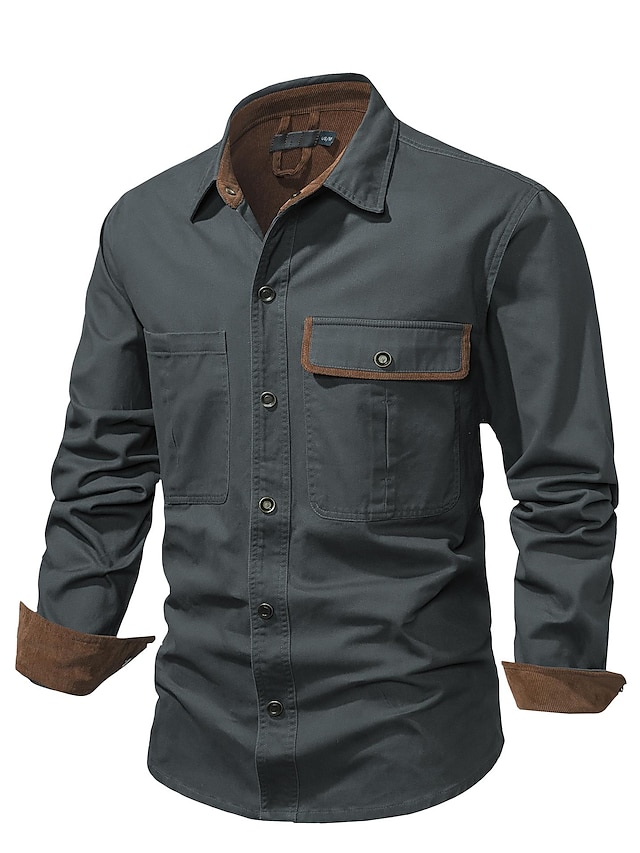  Men's Shirt Flannel Shirt Solid Color Stand Collar dark brown khaki Grey Black Outdoor Daily Clothing Apparel Cotton Casual Classic