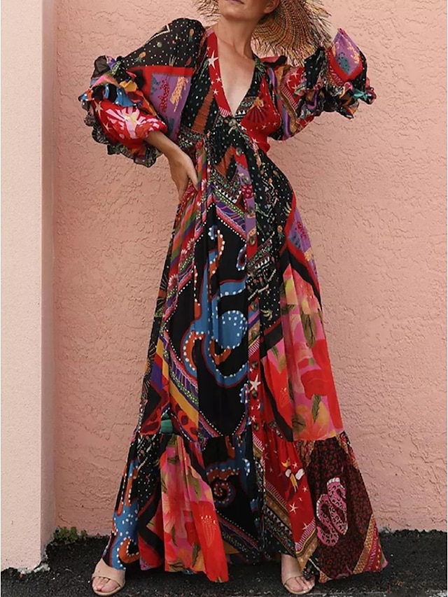 Womens Clothing Womens Dresses | Womens A Line Dress Maxi long Dress Red Long Sleeve Print Ruched Print Spring Summer V Neck Sty