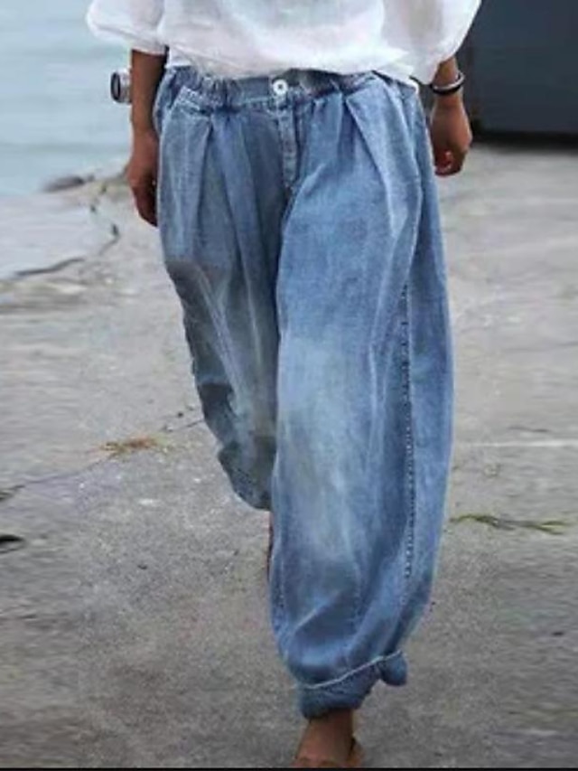  jean pour femme joggers pantalon large pleine longueur denim faux denim micro-élastique taille moyenne mode côtier style grand-mère décontracté week-end bleu s m