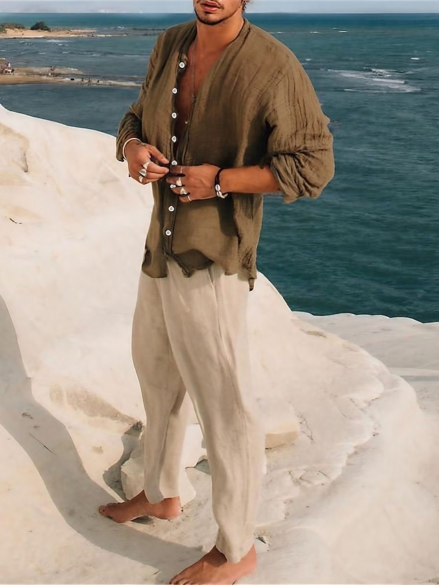  Bărbați Cămașă cămașă de in Manșon Lung Culoare solidă Stil Nautic Maro În aer liber Stradă Buton în jos Îmbrăcăminte Modă Casual Comfortabil / Vară / Primăvară / Vară