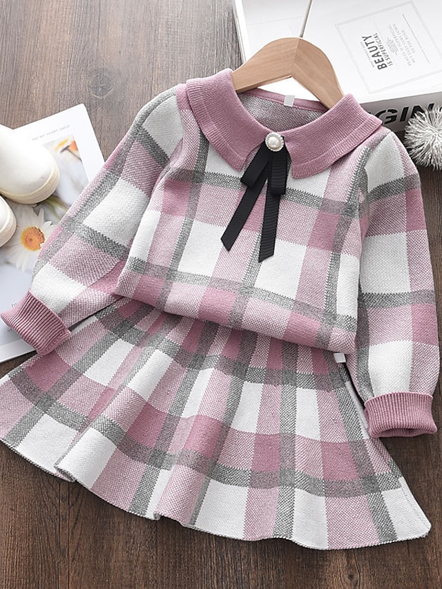 Baby & Kids Girls Clothing | Kids Girls T-shirt & Skirt Clothing Set 2 Pieces Long Sleeve Pink Yellow Plaid Patchwork Vacation A