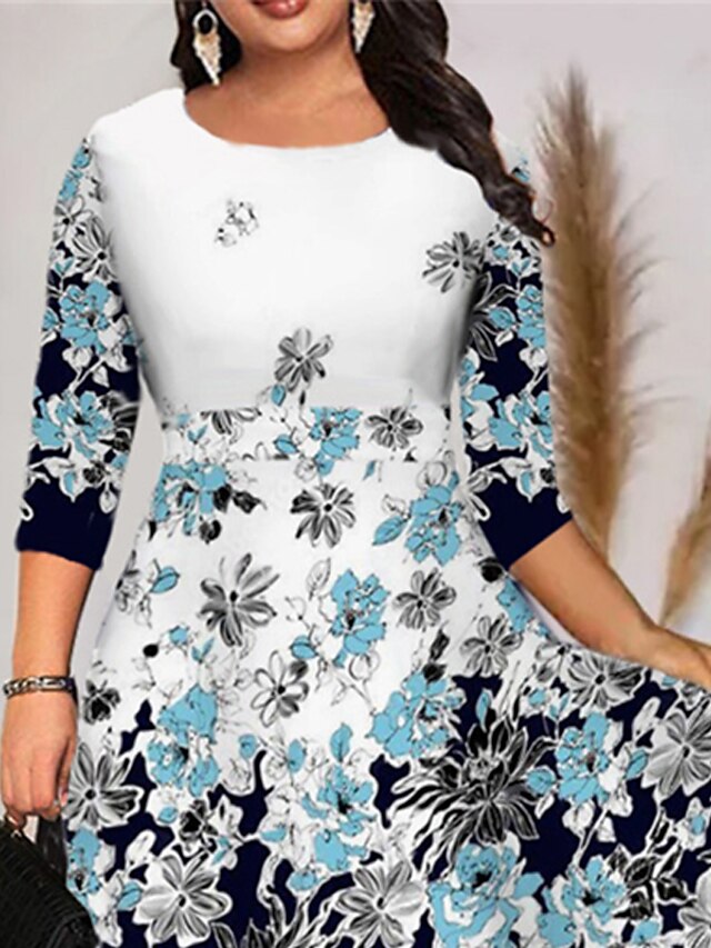 Womens Clothing Plus Size Collection | Womens Plus Size A Line Dress Floral Round Neck 3/4 Length Sleeve Spring Summer Work Midi