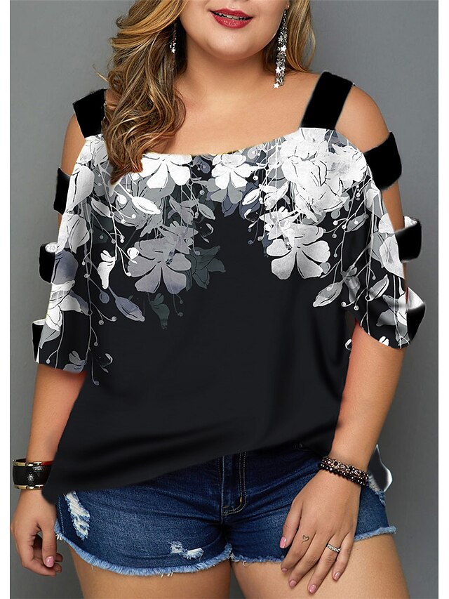 Womens Clothing Plus Size Collection | Womens Plus Size Tops Blouse Shirt Floral Cut Out Print Half Sleeve V Neck Streetwear Dai