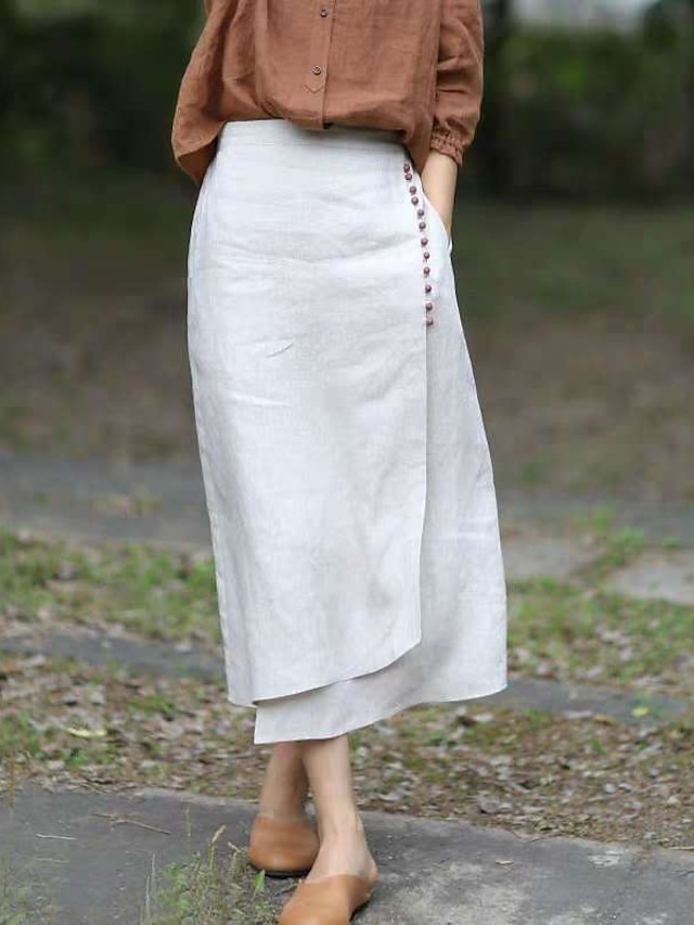  Women's Skirt Midi Pencil Long Skirt Linen Skirts White Blue Brown Skirts Split Ripped Asymmetric Hem Fashion Streetwear Basic Casual Street Daily Summer M L XL