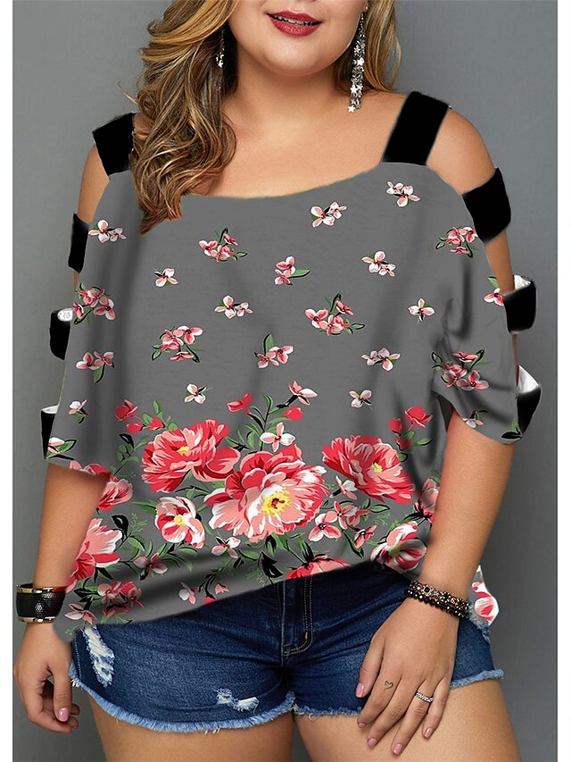 Womens Clothing Plus Size Collection | Womens Plus Size Tops Blouse Shirt Floral Cut Out Print Half Sleeve V Neck Streetwear Dai