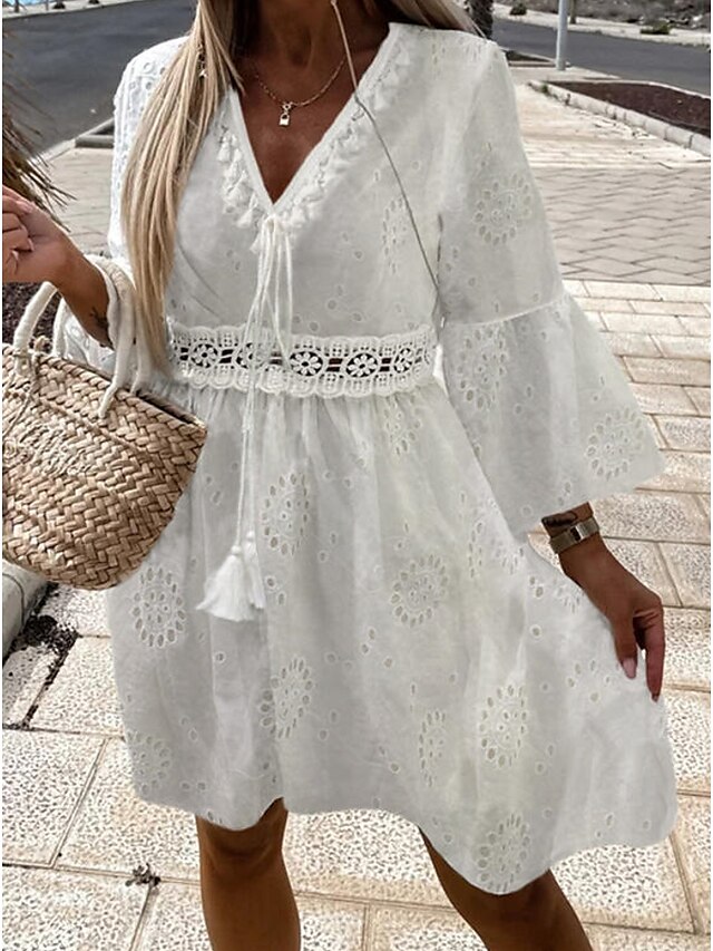 Womens Clothing Womens Dresses | Womens A Line Dress Knee Length Dress White 3/4 Length Sleeve Floral Embroidered Hollow Out Ruc