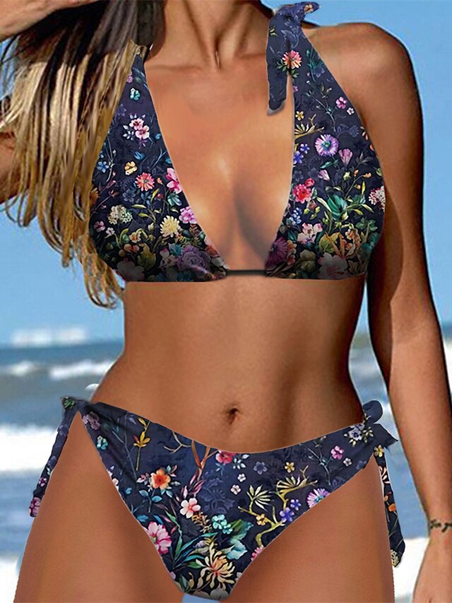 Womens Clothing Womens Swimwear | Womens Swimwear Bikini 2 Piece Normal Swimsuit Halter Open Back Printing Floral Navy Blue Halt