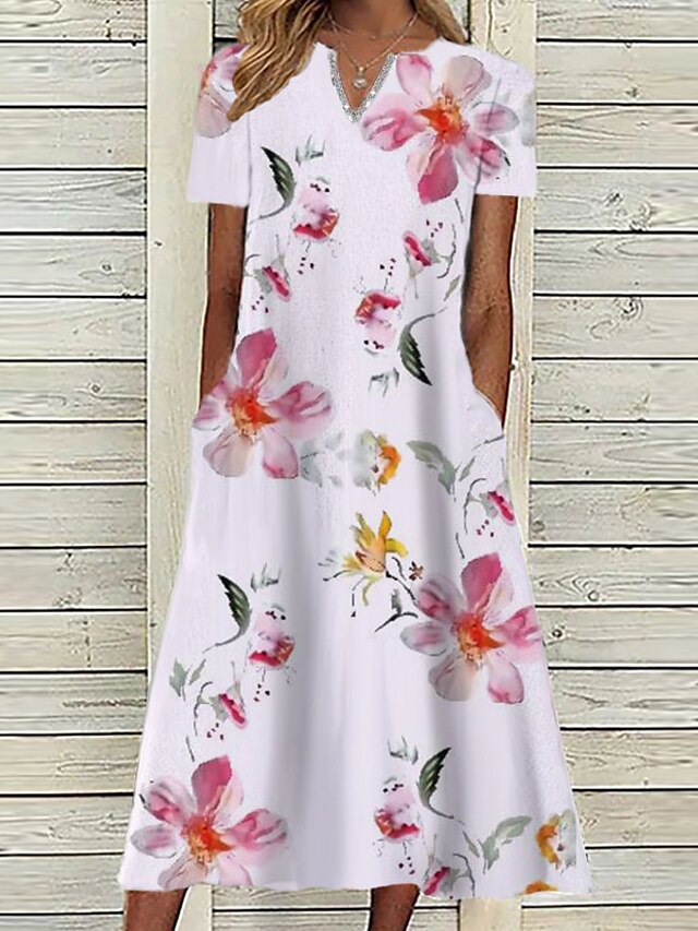 Womens Clothing Womens Dresses | Womens A Line Dress Midi Dress White Short Sleeve Floral Pocket Print Spring Summer V Neck Casu