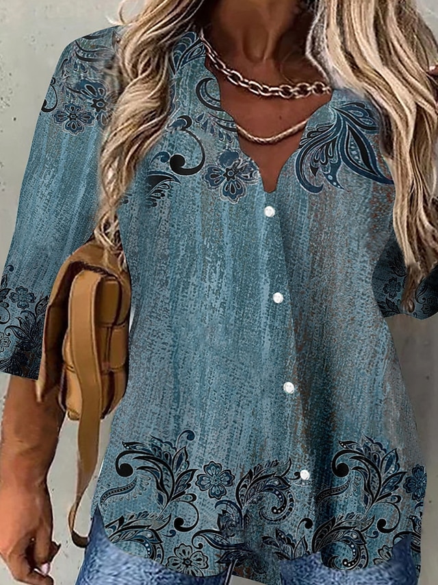 Women's Plus Size Shirt Blouse Blue Floral Print 3/4 Length Sleeve Work ...