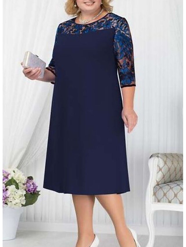 Womens Clothing Plus Size Collection | Womens Plus Size Shift Dress Print Round Neck Half Sleeve Spring Summer Work Formal Midi 