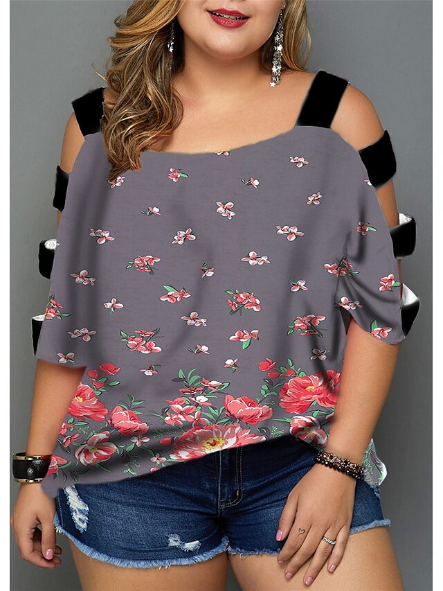 Womens Clothing Plus Size Collection | Womens Plus Size Tops Blouse Shirt Floral Cut Out Print Half Sleeve V Neck Streetwear Dai