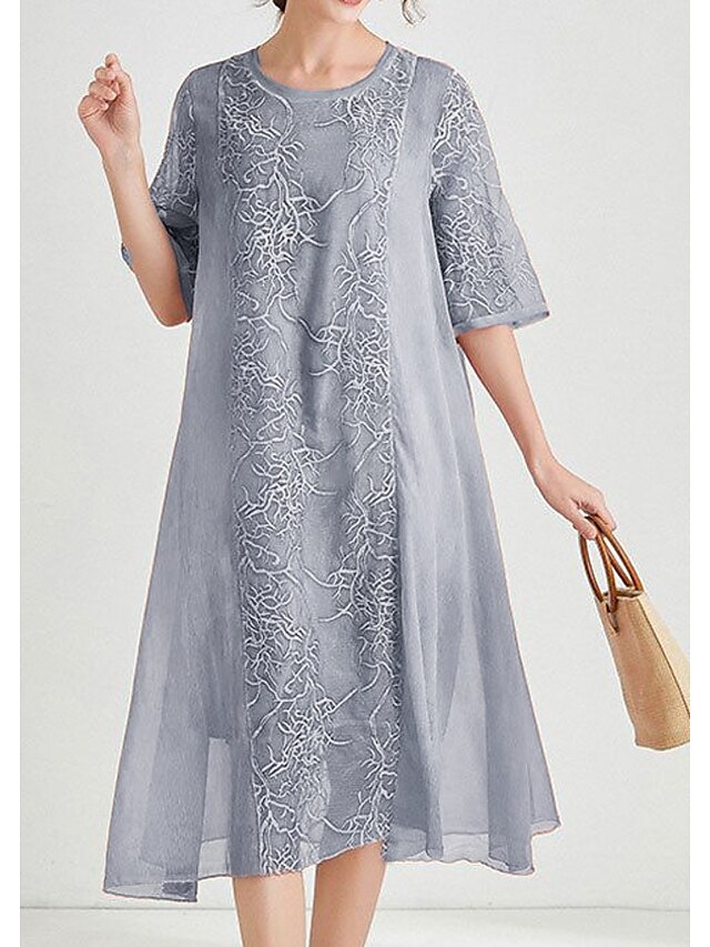 Womens Clothing Womens Dresses | Womens A Line Dress Midi Dress Gray Half Sleeve Print Lace Spring Summer Crew Neck Elegant Mode