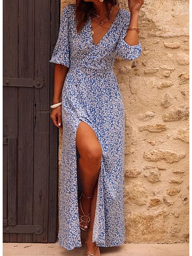 Womens Clothing Womens Dresses | Womens A Line Dress Maxi long Dress Blue Half Sleeve Polka Dot Split Print Spring Summer Deep V