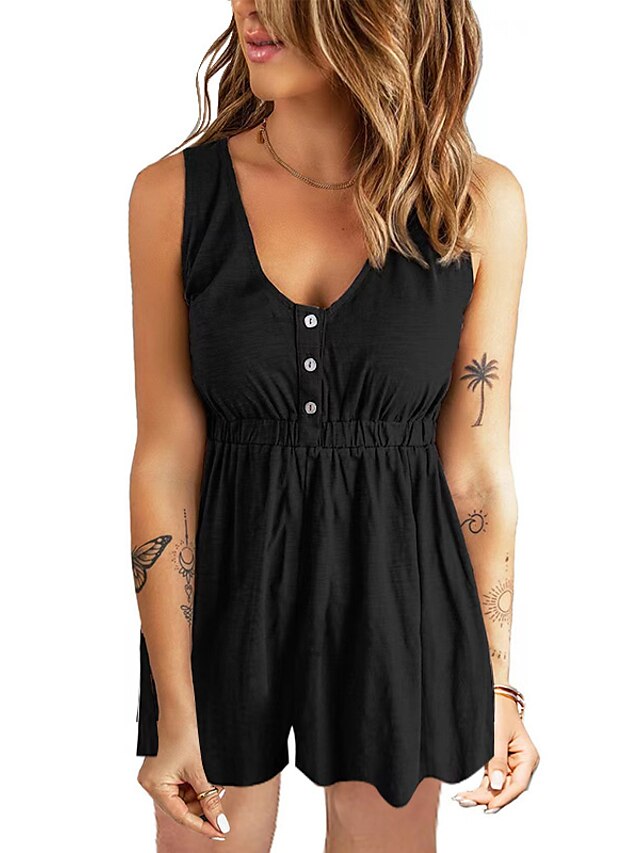 Womens Clothing Womens Jumpsuits & Rompers | Womens Romper Button Solid Color V Neck Casual Holiday Weekend Regular Fit Sleevele