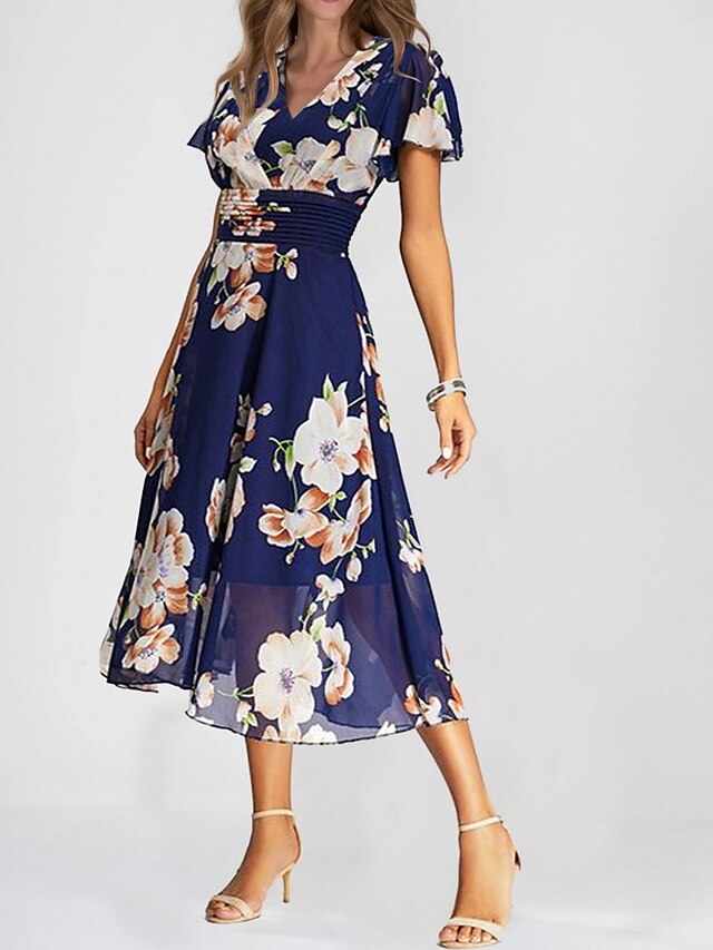 Womens Clothing Womens Dresses | Womens A Line Dress Midi Dress Dark Blue Short Sleeve Floral Ruched Print Spring Summer V Neck 