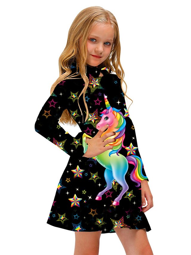 Baby & Kids Girls Clothing | Kids Little Girls Dress Unicorn Animal A Line Dress Daily Holiday Vacation Print Black Above Knee L