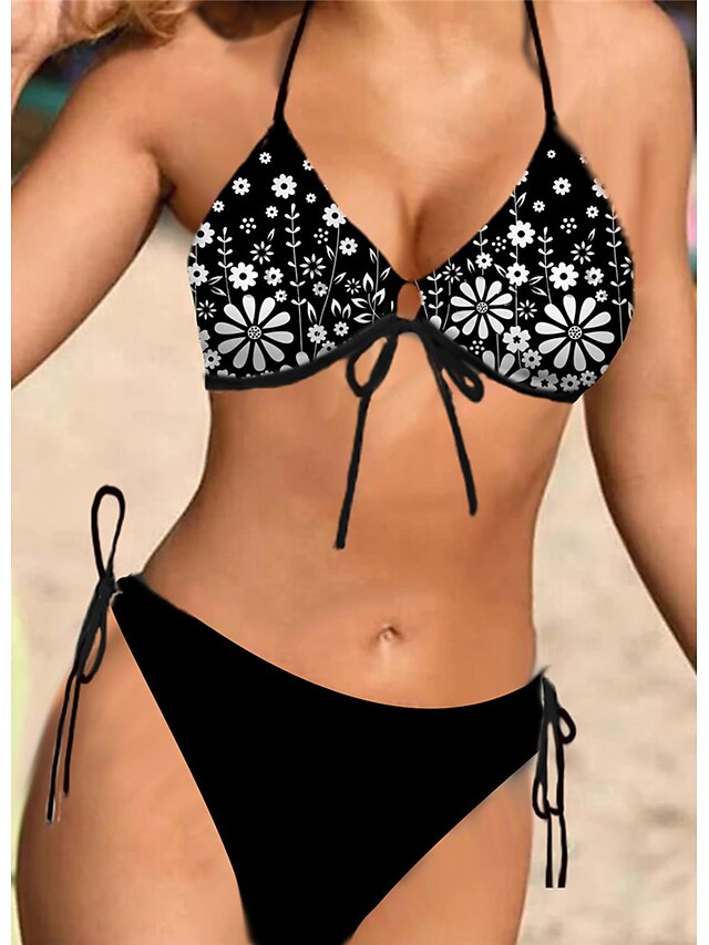 Womens Clothing Womens Swimwear | Womens Swimwear Bikini 2 Piece Normal Swimsuit Halter Open Back Printing Flower Black Halter V