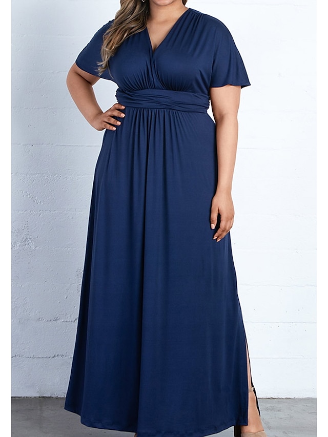 Womens Clothing Plus Size Collection | Womens Plus Size A Line Dress Solid Color V Neck Short Sleeve Spring Summer Casual Maxi l