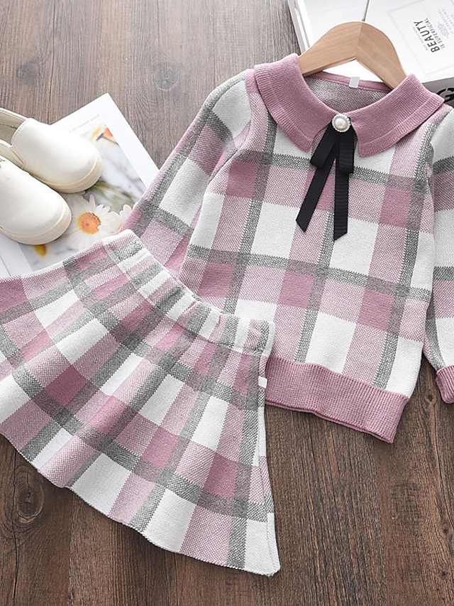 Baby & Kids Girls Clothing | Kids Girls T-shirt & Skirt Clothing Set 2 Pieces Long Sleeve Pink Yellow Plaid Patchwork Vacation A