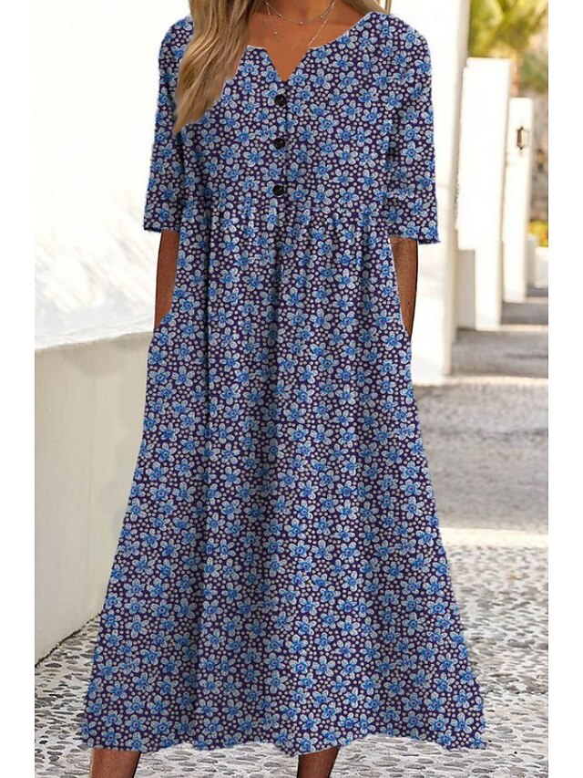 Womens Clothing Womens Dresses | Womens A Line Dress Midi Dress Blue Black Half Sleeve Floral Button Print Spring Summer Crew Ne