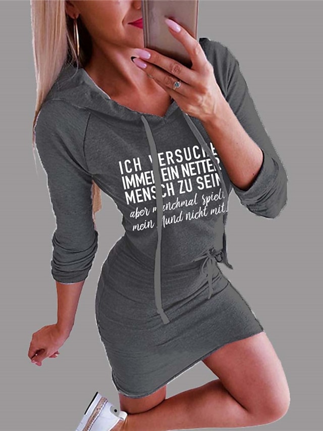 Womens Clothing Womens Dresses | Womens Bodycon Short Mini Dress Dark Gray Long Sleeve Letter Print Fall Spring Hooded Fashion 2