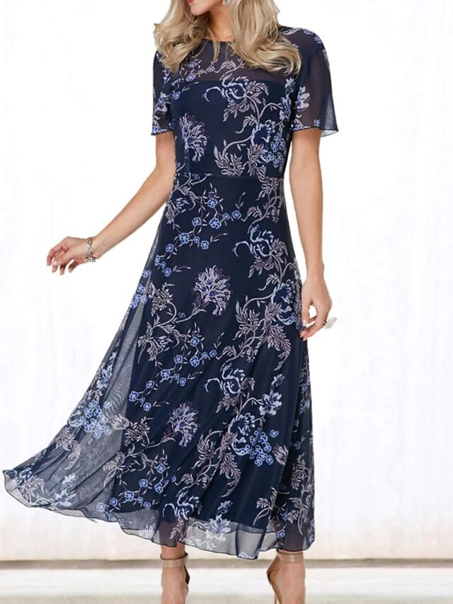 Womens Clothing Womens Dresses | Womens A Line Dress Maxi long Dress Navy Blue Short Sleeve Floral Chiffon Print Spring Summer C