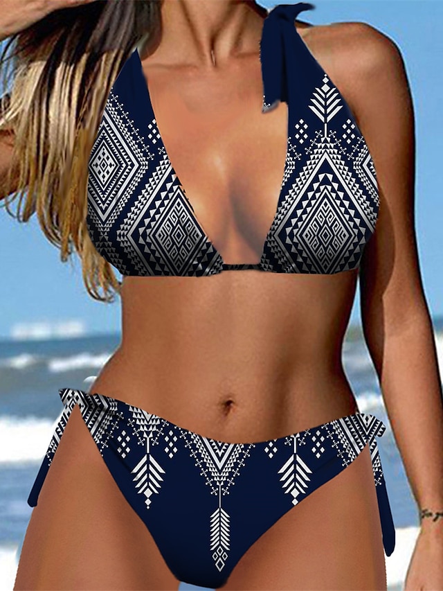 Womens Clothing Womens Swimwear | Womens Swimwear Bikini 2 Piece Normal Swimsuit Halter Open Back Printing Floral Geometric Blac