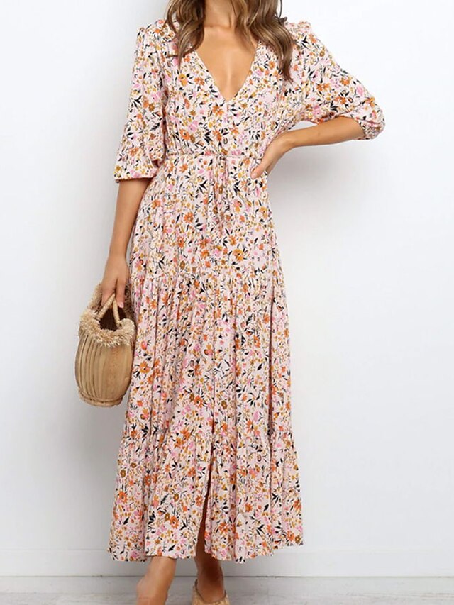 Womens Clothing Womens Dresses | Womens A Line Dress Midi Dress Pink Half Sleeve Floral Ruched Print Spring Summer V Neck Elegan