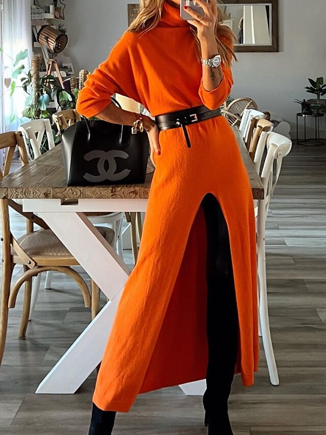 Womens Clothing Womens Dresses | Womens A Line Dress Midi Dress Orange Long Sleeve Solid Color Split Spring Summer Turtleneck Fa