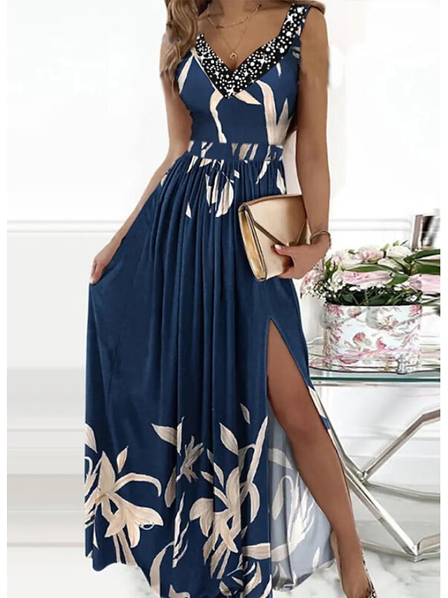 Womens Clothing Womens Dresses | Womens A Line Dress Maxi long Dress Navy Blue Sleeveless Floral Ruched Print Spring Summer V Ne