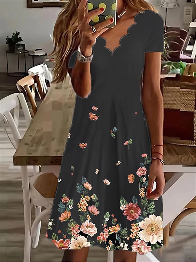 Womens Clothing Womens Dresses | Womens Shift Dress Knee Length Dress Black Short Sleeve Floral Print Spring Summer V Neck Casua