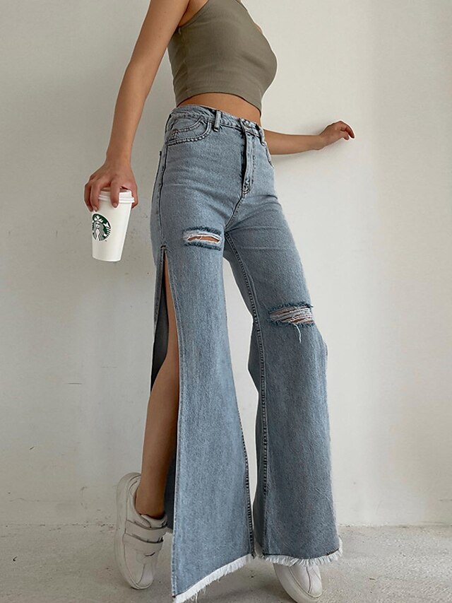 Womens Clothing Womens Bottoms | Womens Fashion Jeans Distressed Jeans Wide Leg Split Cut Out Full Length Pants Casual Weekend M