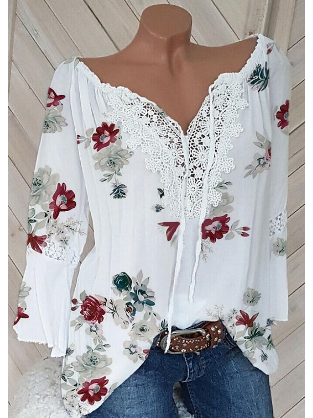 Womens Clothing Plus Size Collection | Womens Plus Size Tops Blouse Floral Print Long Sleeve V Neck Basic Vacation Weekend Cotto