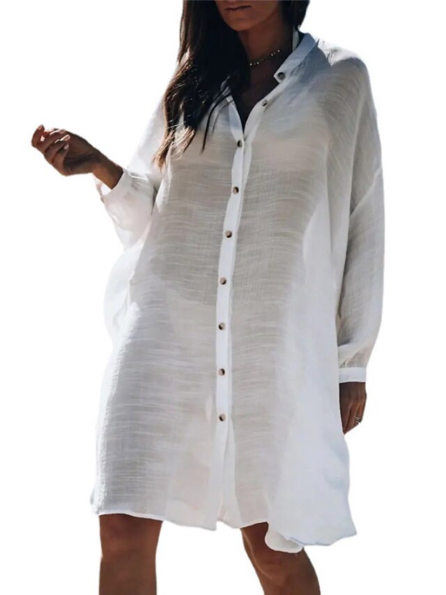 Women's Casual Dress Shirt Dress Knee Length Dress White Long Sleeve