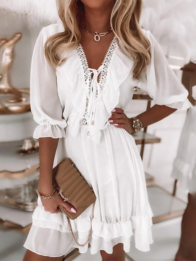  Women's Casual Dress Short Mini Dress White Half Sleeve Pure Color Lace Patchwork Spring Summer V Neck Casual 2022 S M L XL XXL 3XL