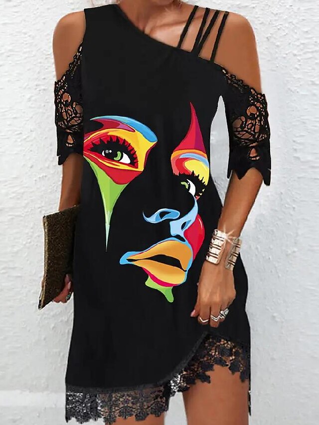 Womens Clothing Womens Dresses | Womens A Line Dress Short Mini Dress Black Half Sleeve Print Cut Out Lace Cold Shoulder Spring 