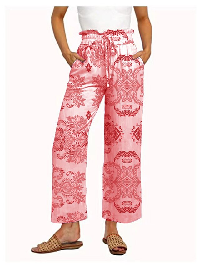 Womens Clothing Womens Bottoms | Womens Casual Culottes Wide Leg Patchwork Print Full Length Pants Casual Micro-elastic Geometry