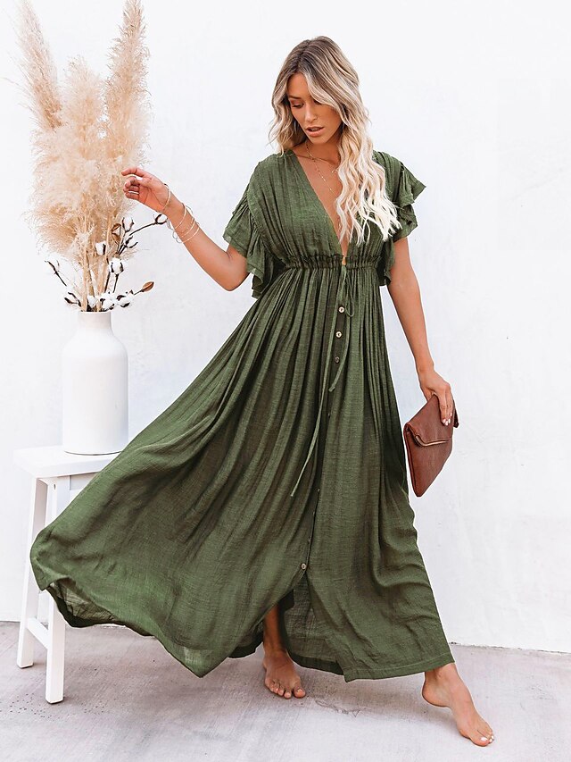 Women's V-Neck Backless Boho Swing Maxi Dress Short Sleeve Solid Green ...